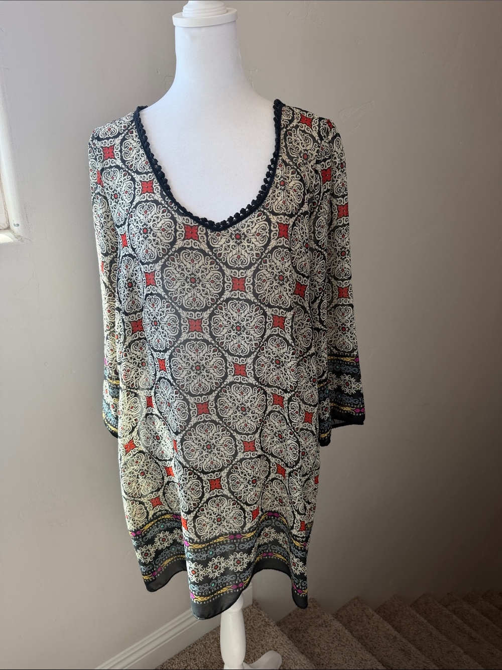 Poetry Black, Cream & Red Medallion Scoop Neck Tunic.